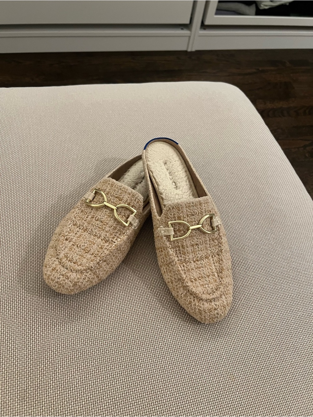 Rothy's Women’s Tan Tweed Slip-On Loafers with Gold Horsebit